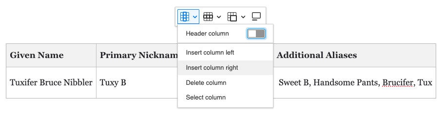 Table editing interface in Sites Pro